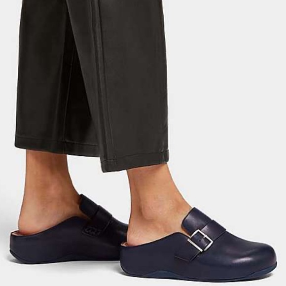 FitFlop Shuv Buckle-Strap Midnight Navy Blue Leather Slip On Comfort Clogs - Picture 2 of 11